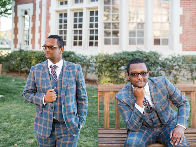 two portraits of an african-american high school senior boy wearing a patterned suit holding his jacket on a bench in front of a building on the OU campus in Norman Oklahoma