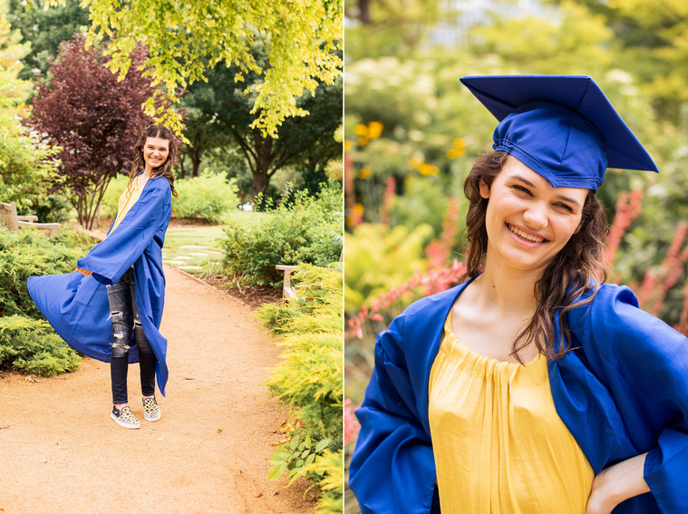 two photos of a high school senior girl with long brown hair wearing a yellow top and jeans and a blue cap and gown smiles and twirls laughing on a path at Myriad Gardens in Oklahoma City