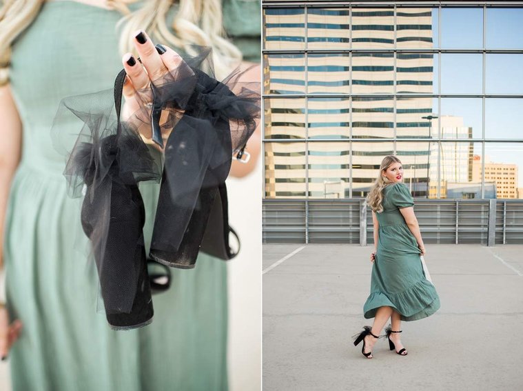 one close up photo of black heels with tulle bows. other photos of a blond high school senior girl twirling and smiling in a green dress on top of the devon tower parking garage in okc