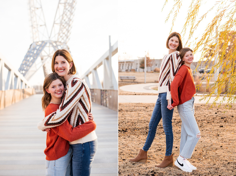 two images of a mom and her teen daughter hugging and smiling at Scissortail Park  on the Skydance Bridge and in front of a weeping willow 