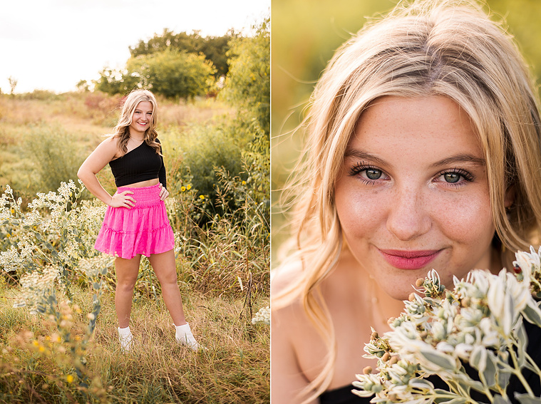 two photos of a high school senior girl with blond hair wearing a black top and pink skirt, holding milkweed close to her face in a golden field in Oklahoma 