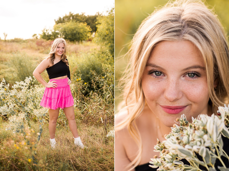 two photos of a high school senior girl with blond hair wearing a black top and pink skirt, holding milkweed close to her face in a golden field in Oklahoma 