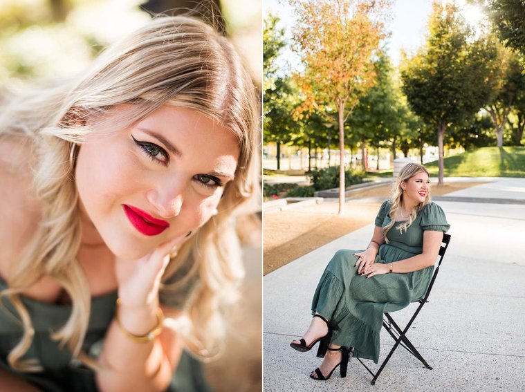 one close up photo of a blond high school senior girl smiling with her chin in hand, other of same girl sitting in a black chair smiling to the side at Myriad Gardens in downtown Oklahoma City for senior portraits