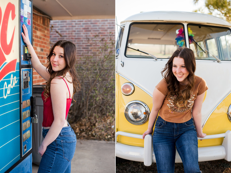 two photos of a high school senior girl with brown hair in front of a vintage soda vending machine and a yellow and white Volkswagen bus in Tuttle Oklahoma