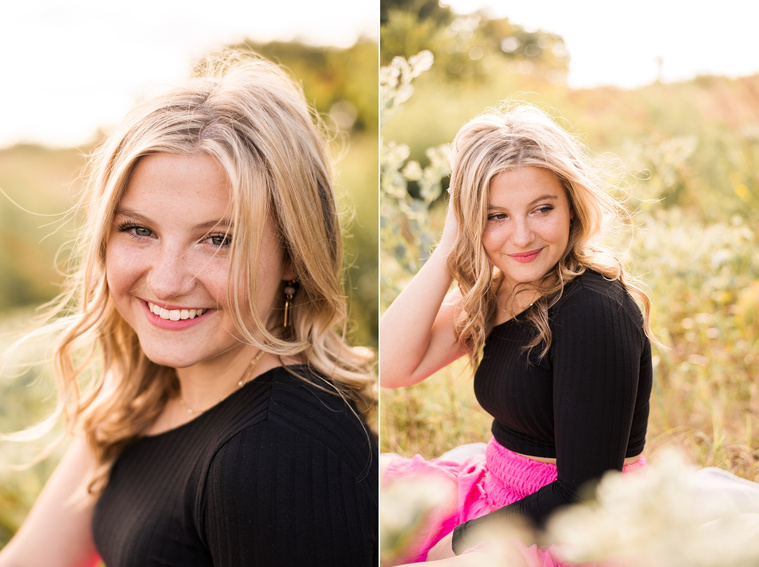 two photos of a high school senior girl sitting in a field in Oklahoma among milkweed, smiling for photos