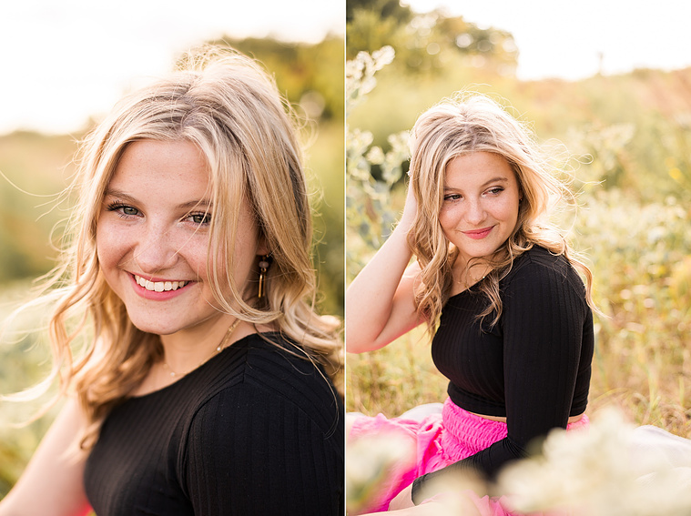 two photos of a high school senior girl sitting in a field in Oklahoma among milkweed, smiling for photos