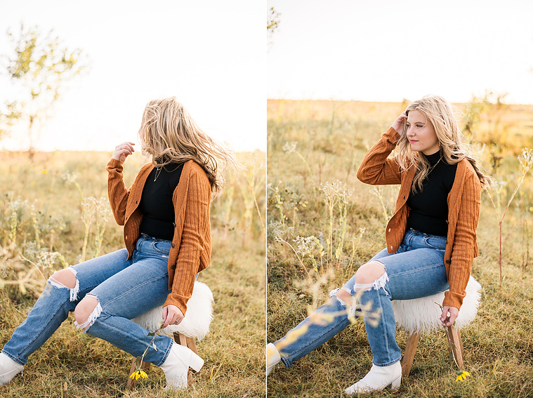 two photos of a high school senior girl sitting on a white fuzzy boho stool holding a flower in one hand and looking away from the camera in an open field in Oklahoma