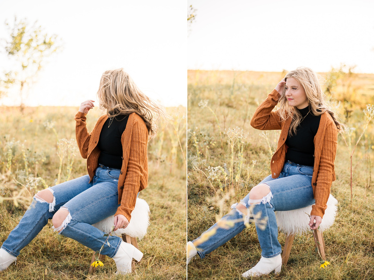 two photos of a high school senior girl sitting on a white fuzzy boho stool holding a flower in one hand and looking away from the camera in an open field in Oklahoma