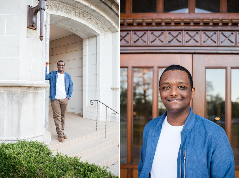 two portraits of an african-american high school senior boy wearing a blue jacket and khakis standing in font of buildings on the OU campus in Norman Oklahoma