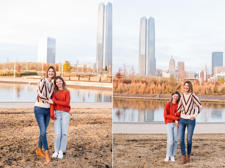 two images of a mom and her teen daughter hugging and smiling at Scissortail Park with the Oklahoma City skyline behind them