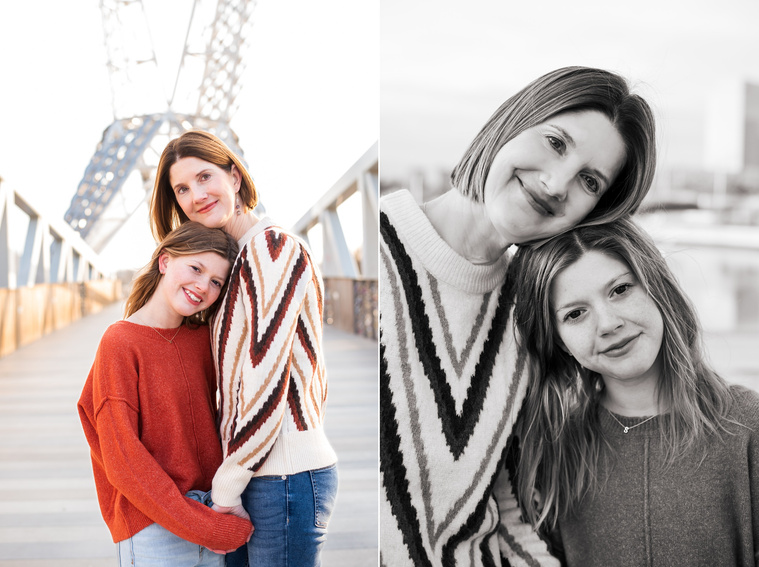 two images of a mom and her teen daughter hugging and smiling at Scissortail Park on the Skydance Bridge