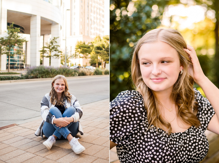 Two photos of a blond high school senior girl posing for senior pictures in downtown Oklahoma City