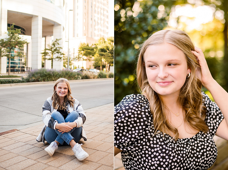 Two photos of a blond high school senior girl posing for senior pictures in downtown Oklahoma City