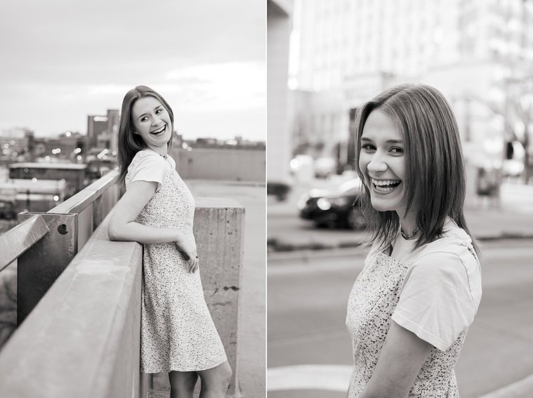 two black and white photos of a high school senior girl on a parking garage rooftop and in downtown Oklahoma City smiling
