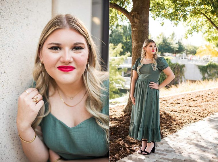 close up portrait of a blond high school senior girl playing with her hair against a white stone wall, other photo of her with hand on hip smiling at Myriad Gardens in downtown Oklahoma City for senior portraits