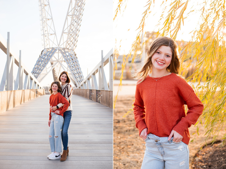 two images-one of a mom and her teen daughter hugging and smiling on the Skydance Bridge at Scissortail Park; the other the teen girl alone standing in front of a golden weeping willow