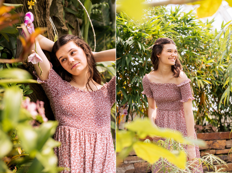 two photos of a high school senior girl with long brown hair in a red and white dress standing among tropical plants and smiling inside the Crystal Bridge at Myriad Gardens in Oklahoma City 