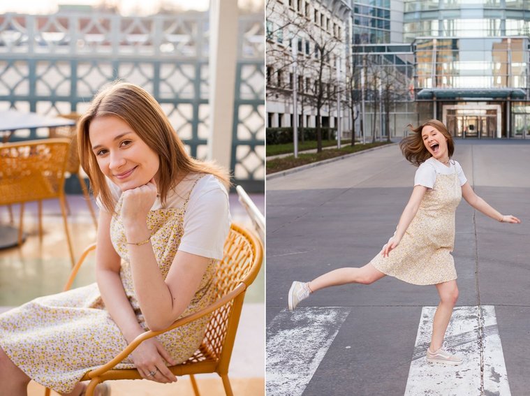 two photos of a high school senior girl in Oklahoma City. One is her sitting and smiling in a chair outside at the Classen Inn, the other her leaping across a crosswalk in front of the Devon tower