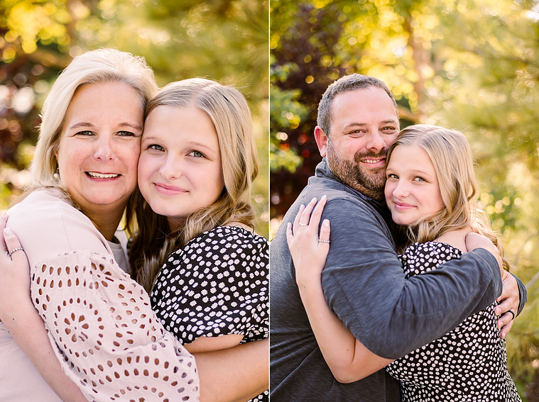 Two photos of a blond high school senior girl hugging her mom and hugging her dad at Myriad Gardens in downtown Oklahoma City