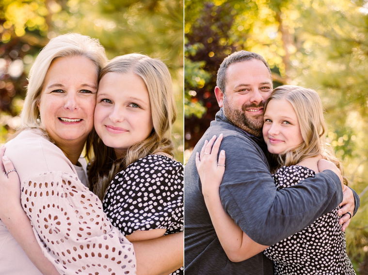 Two photos of a blond high school senior girl hugging her mom and hugging her dad at Myriad Gardens in downtown Oklahoma City