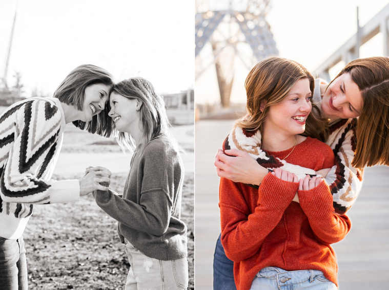 two images of a mom and her teen daughter- one holding hands and touching foreheads, the other hugging and smiling on the Skydance Bridge in Scissortail Park in Oklahoma City