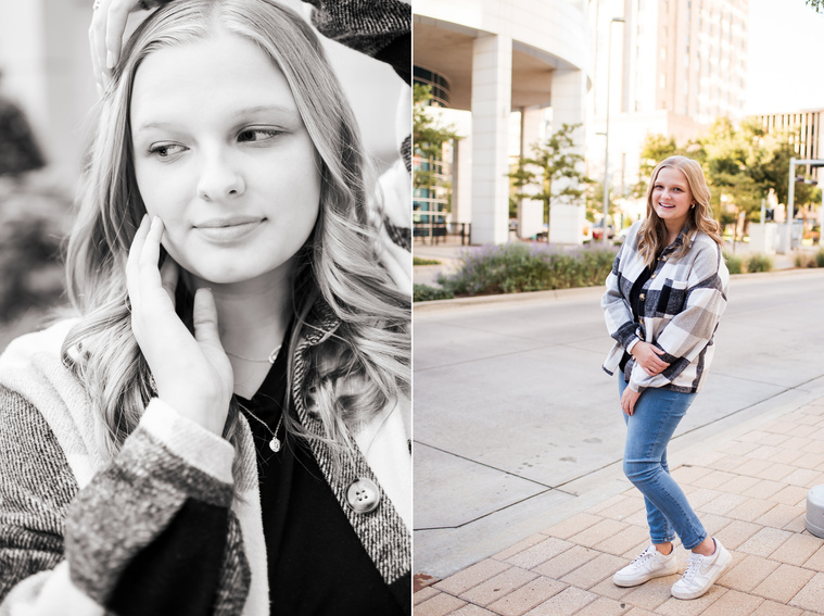 Two photos of a blond high school senior girl posing for senior pictures in downtown Oklahoma City