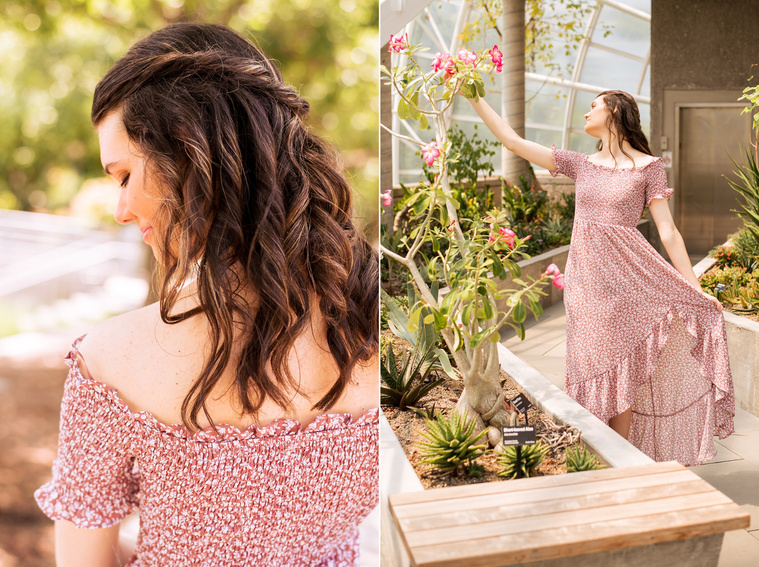 two photos of a high school senior girl with long brown hair in a red and white dress standing holding her skirt admiring a pink flower and looking over her shoulder inside the Crystal Bridge at Myriad Gardens in Oklahoma City 