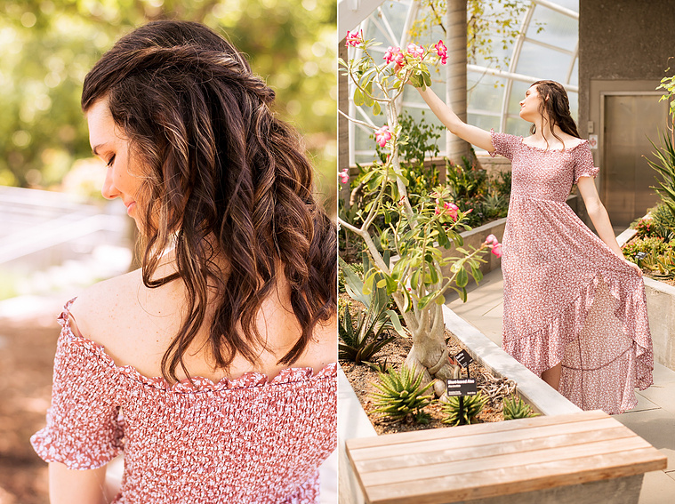 two photos of a high school senior girl with long brown hair in a red and white dress standing holding her skirt admiring a pink flower and looking over her shoulder inside the Crystal Bridge at Myriad Gardens in Oklahoma City 