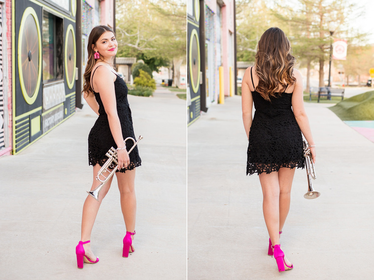 two photos of a high school senior girl wearing a black dress and pink heels holding a trumpet walking on the sidewalk in front of Factory Obscura in Automobile Alley in Oklahoma City, Oklahoma