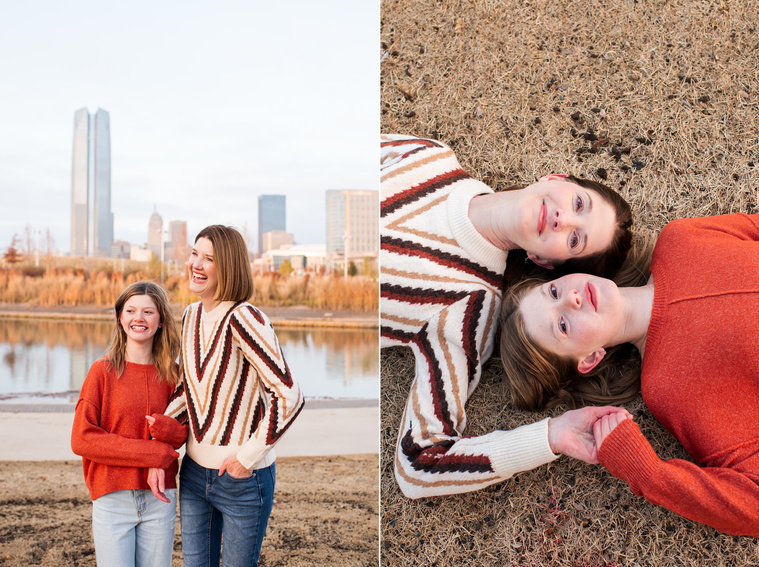 two images of a mom and her teen daughter -one hugging and smiling at Scissortail Park with the Oklahoma City skyline behind them; the other lying on their backs in the grass and holding hands, looking at camera