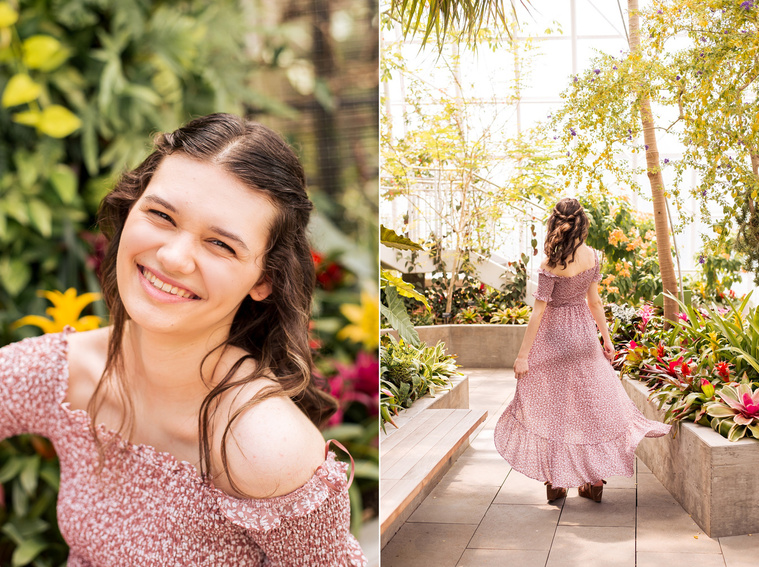 two photos of a high school senior girl with long brown hair in a red and white dress sitting among a tropical plant wall and twirling away inside the Crystal Bridge at Myriad Gardens in Oklahoma City 