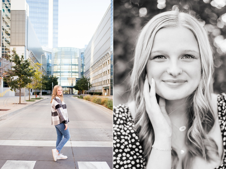 Two photos of a blond high school senior girl posing for senior pictures in downtown Oklahoma City