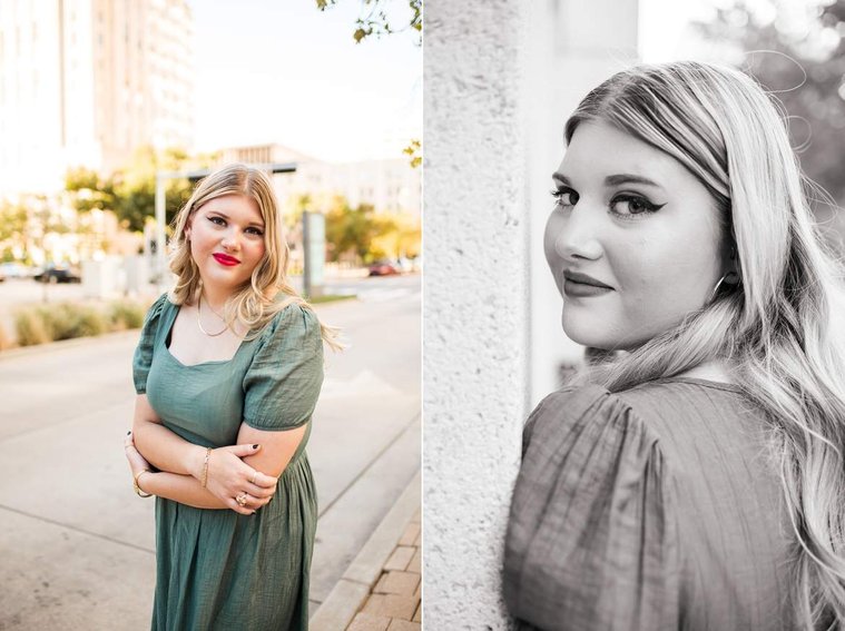 one photo of a blond high school senior girl in a green dress with arms crossed smiling softly, other photo black and white close up of same girl looking over her shoulder back at camera smiling softly in downtown Oklahoma City for senior portraits