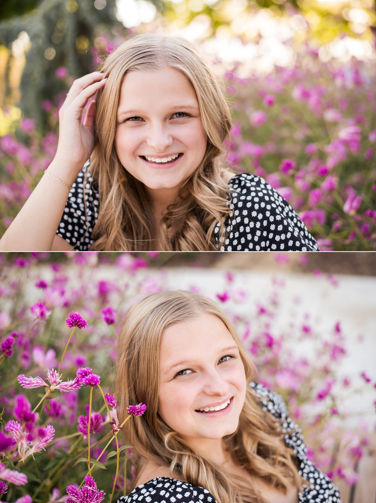 Two photos of a blond high school senior girl posing among pink flowers for senior pictures at Myriad Gardens in downtown Oklahoma City