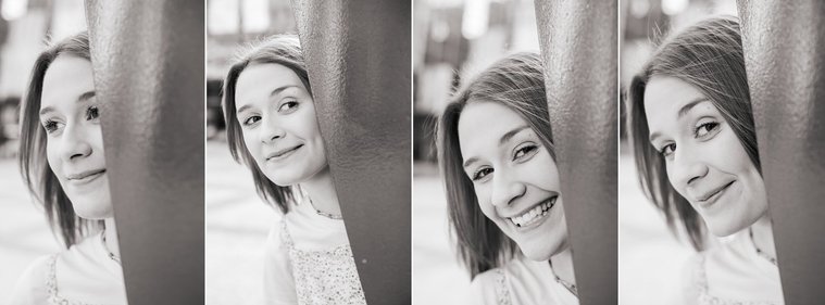 collage of 4 black and white photos of a high school senior girl peeking around a wall with different looks and smiles in downtown Oklahoma City