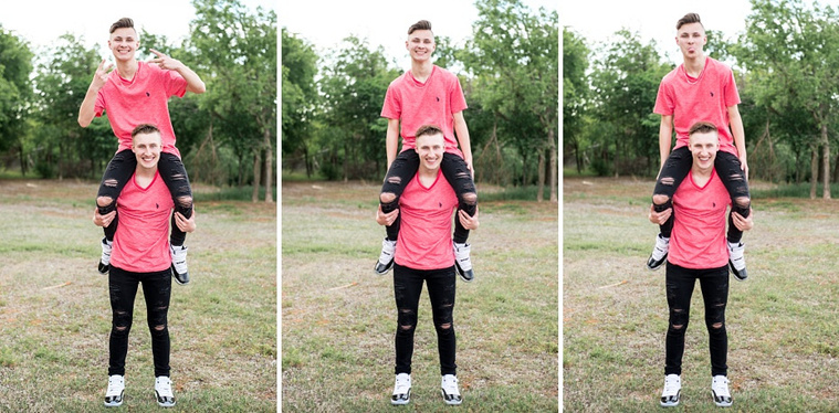 Three individual pictures of two teen brothers one on the other's shoulders having fun in a park in Tuttle Oklahoma