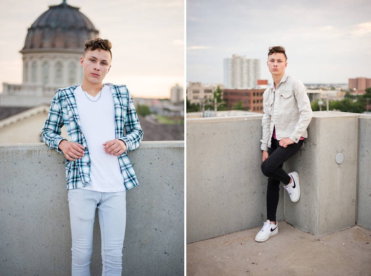 Headshots and portraits of a teen boy in downtown Oklahoma City. Scissortail Park and Parking Garage Rooftop with OKC skyline in background.