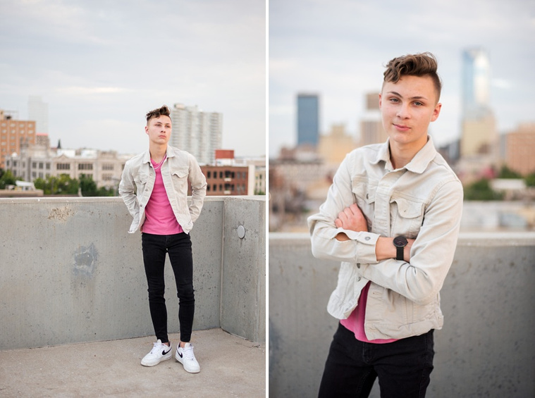 Headshots and portraits of a teen boy in downtown Oklahoma City. Scissortail Park and Parking Garage Rooftop with OKC skyline in background.