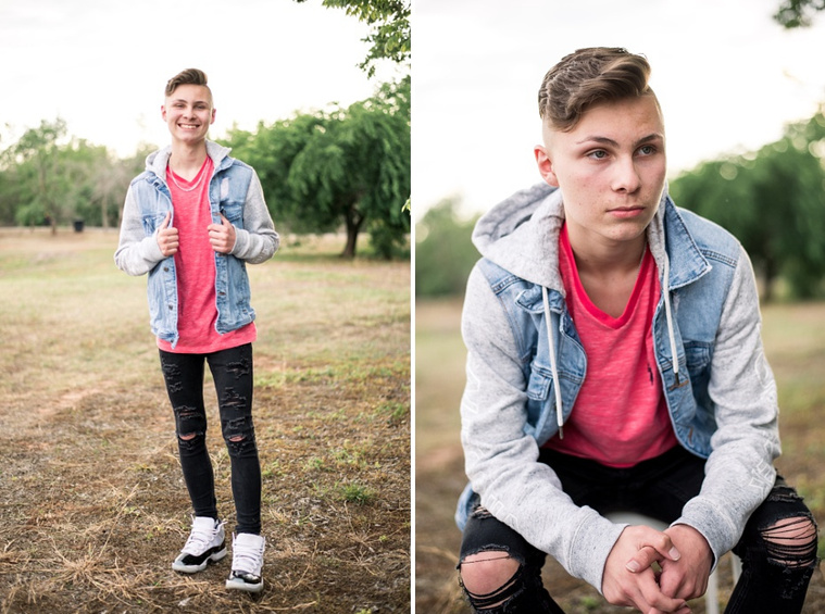 Two individual pictures of a teen boy posing casually in park in Tuttle Oklahoma