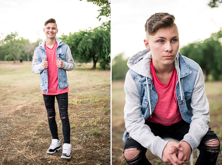 Two individual pictures of a teen boy posing casually in park in Tuttle Oklahoma