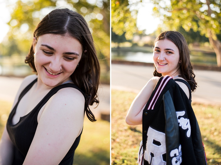 Two photos of A high school senior girl stands and smiles in front of the trees with her letterman jacket and pond in Shannon Springs Park in Chickasha, Oklahoma 