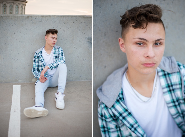 Headshots and portraits of a teen boy in downtown Oklahoma City. Scissortail Park and Parking Garage Rooftop with OKC skyline in background.