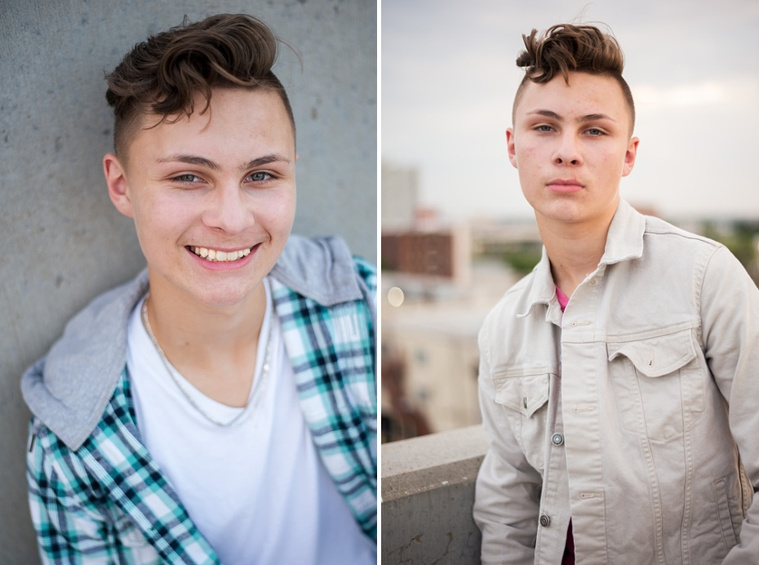 Headshots and portraits of a teen boy in downtown Oklahoma City. Scissortail Park and Parking Garage Rooftop with OKC skyline in background.
