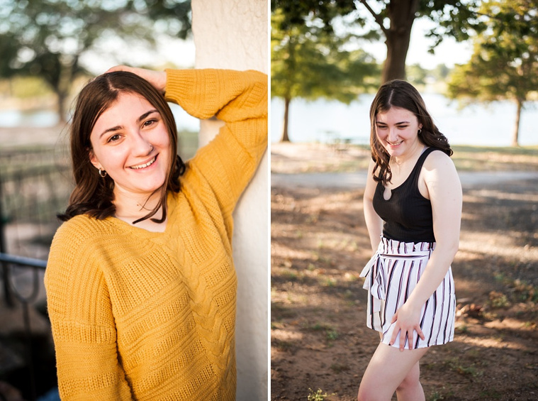 Two photos of A high school senior girl stands and smiles in front of the trees and pond in Shannon Springs Park in Chickasha, Oklahoma 