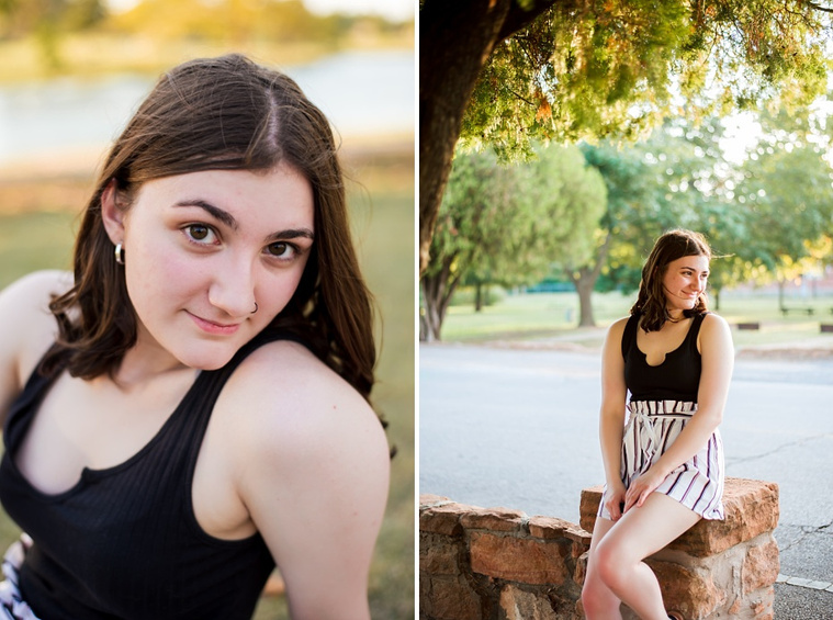 Two photos of A high school senior girl stands and smiles in front of the trees and pond in Shannon Springs Park in Chickasha, Oklahoma 