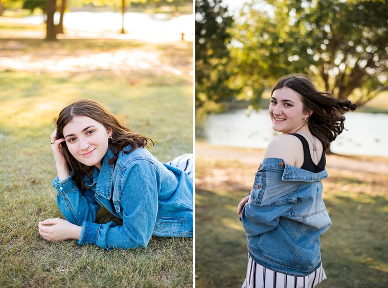 Two photos of A high school senior girl lays on the grass and stands and smiles in front of the trees and pond in Shannon Springs Park in Chickasha, Oklahoma 