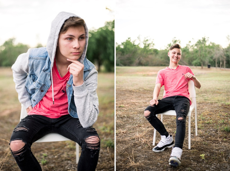 Two separate images side by side of individual poses of two teen brothers in a park in Tuttle Oklahoma