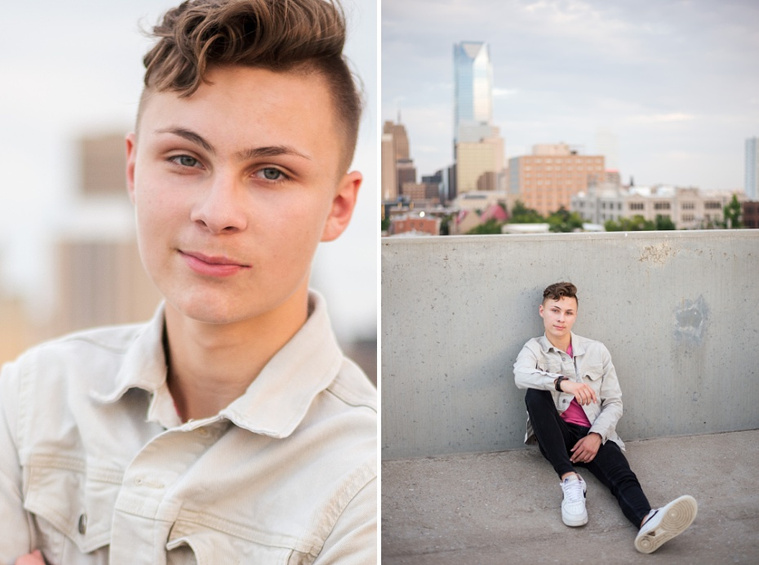 Headshots and portraits of a teen boy in downtown Oklahoma City. Scissortail Park and Parking Garage Rooftop with OKC skyline in background.
