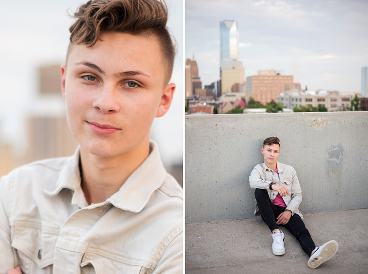Headshots and portraits of a teen boy in downtown Oklahoma City. Scissortail Park and Parking Garage Rooftop with OKC skyline in background.