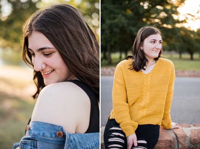 Two photos of A high school senior girl stands and smiles in front of the trees and pond in Shannon Springs Park in Chickasha, Oklahoma 